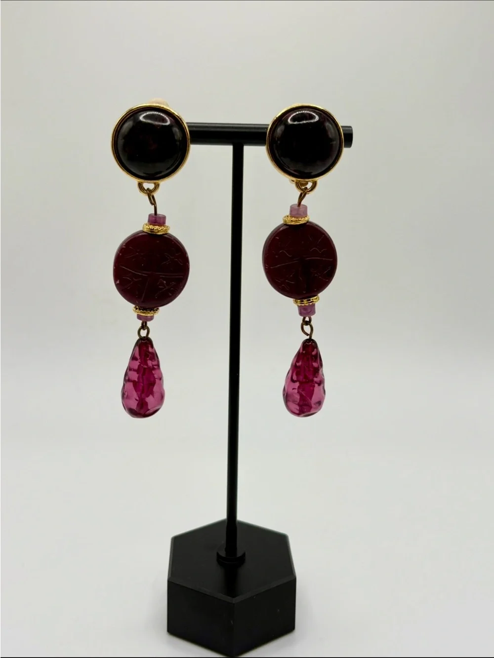 Vintage Artisan Clip On Dangle Earrings Burgundy Plum Glass Gold Tone 3.25”